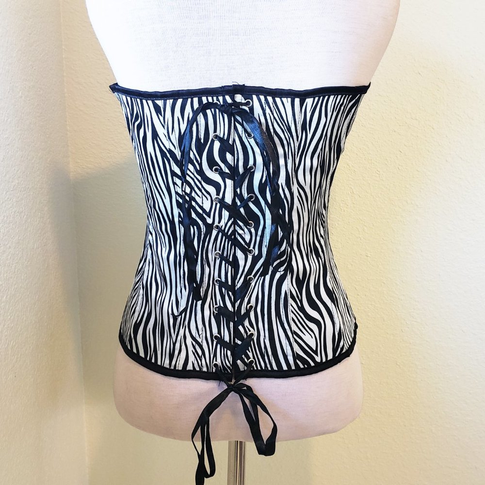 EUC  Zebra Boned Lace up Back Bustier Corset W/ Snap Front Sz L